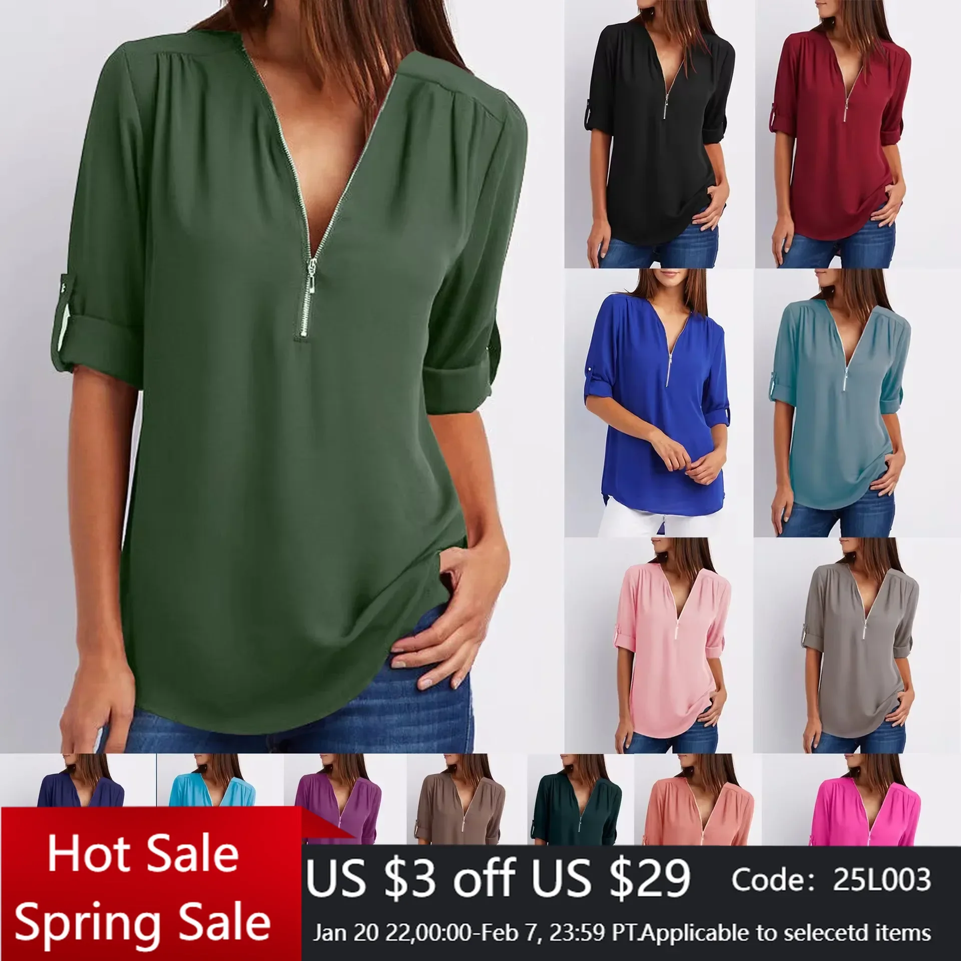2024 Hot Sale Women Cool Loose Shirt Deep V Neck Chiffon Fashion Blouse Casual Ladies Tops Sexy