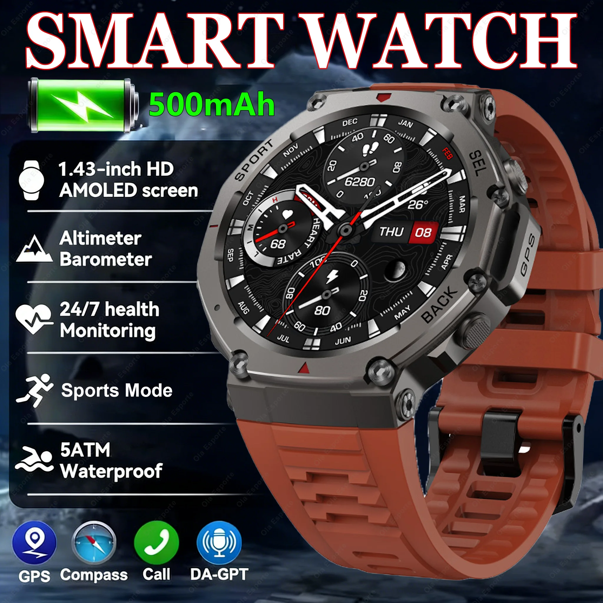 

Smart Watch GPS Sports Fitness location Tracking Heart Rate Health Monitor 5ATM Waterproof Outdoor Tracking Compass Smartwatch