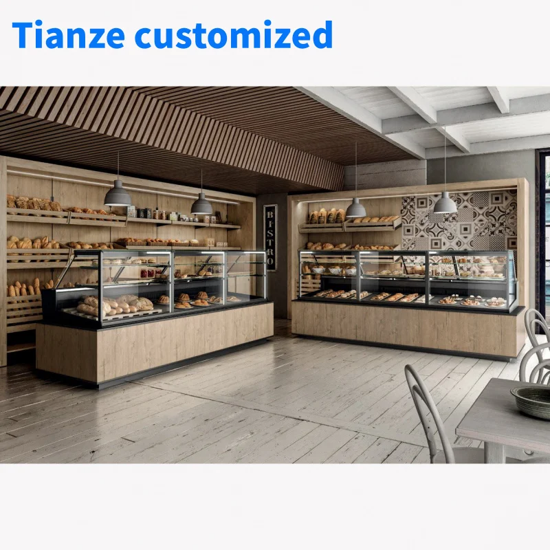 （customized）Customized Bakery Interior Decoration Retail Wood Display Island Warmer Counter Showcase Basket Bread Display Rack