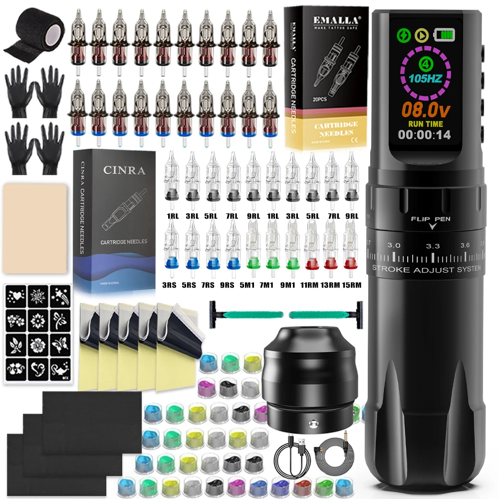 Kit professionale per macchinetta rotativa per tatuaggi wireless con aghi per cartuccia per tatuaggi Set completo per tatuatore e trucco per principianti