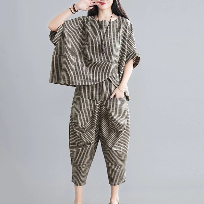 Two Piece Set for Women Summer Cotton Linen Short Sleeve Irregular Tops Female Vintage Striped Print Pockets Baggy Harem Pants