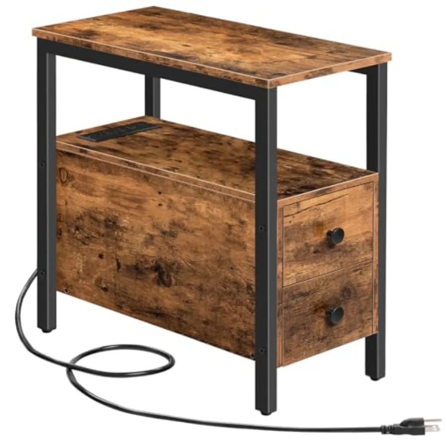 

Narrow End Table with Charging Station 2 Drawers USB Ports Power Outlets Rustic Brown Black for Small Spaces Living Room Bedroo