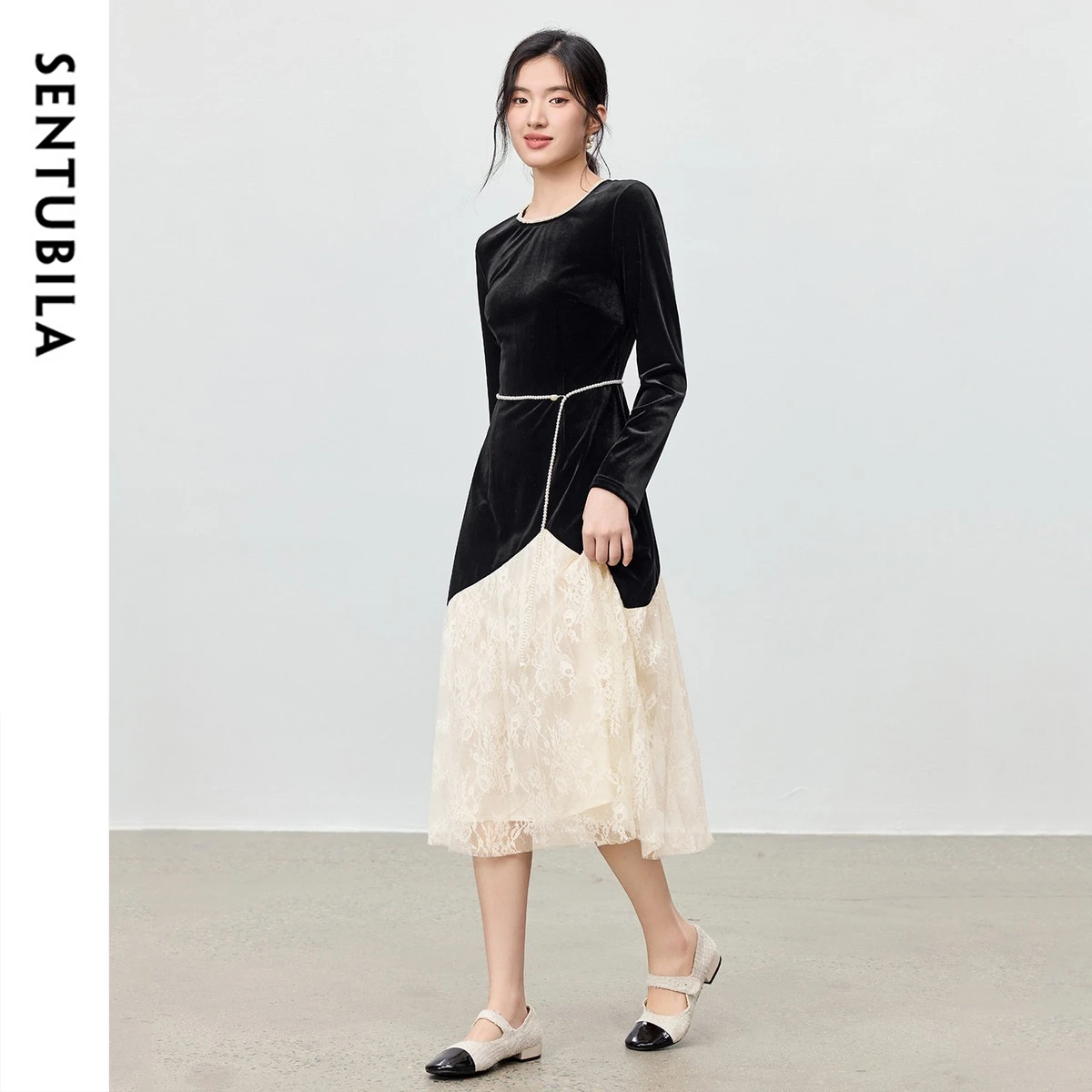 SENTUBILA Elegant Lace Dress for Women 2026 Autumn Color Contrast Fake Two-piece Design Pearl Webbing Detachable Belt 153LI3207