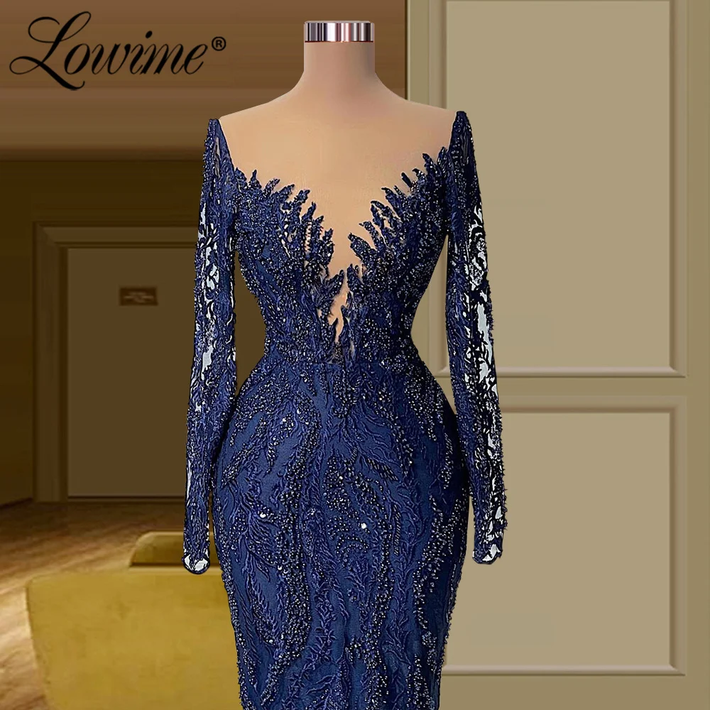 Lowime azul marinho frisado rendas vestidos de noite mãe da noiva vestido 2022 personalizado plus size mangas compridas vestido de festa de casamento