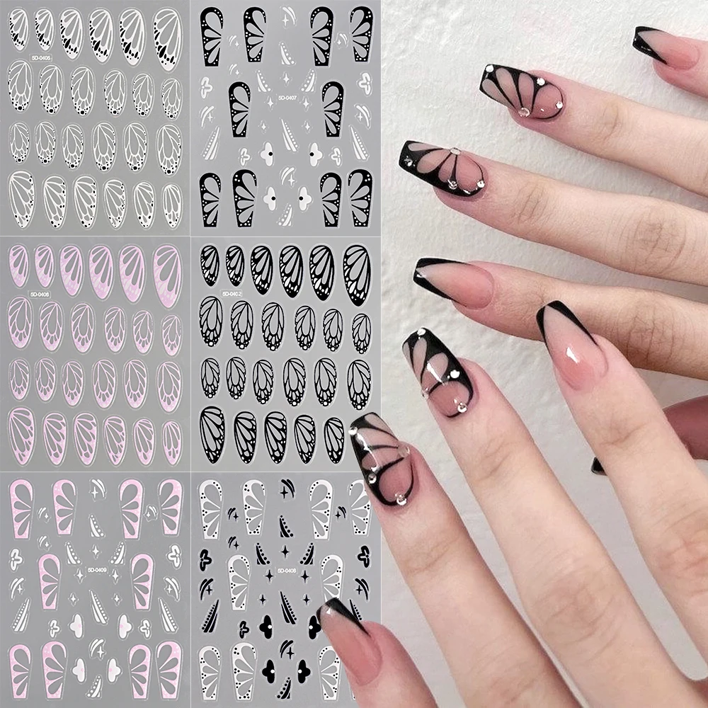 1Pcs Black White Butterfly Wings 5D Nail Sticker Y2K Angel Wings Self-Adhesive Decals Spring Butterfly Floral Manicure Sliders