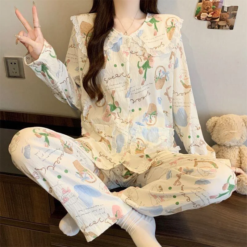 

Пижамы женские, новый осенне-зимний стиль, брюки с длинными рукавами из хлопка с облаком, мультяшный цветочный лацкан, сладкий комплект, домашняя одежда