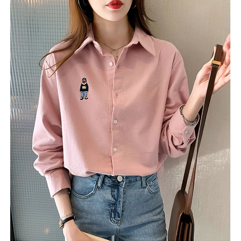 

High-End Brand Pink Embroidered irt Women's Casual Long Sve Spring Autumn Vintage Hong Kong Sle Button-Up Top