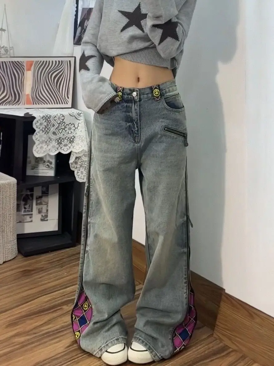 المرأة المطبوعة المرقعة فضفاض الجينز مستقيم الساق فضفاضة تناسب الدنيم عالية الخصر الجينز السراويل عادية عالية الخصر السراويل بنطلون