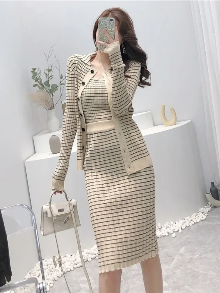 Korejepo Women 3 Piece Set Autumn New Korean Style Temperament Fashion Suit Plaid Knitted Cardigan Bottoming Camisole Skirt