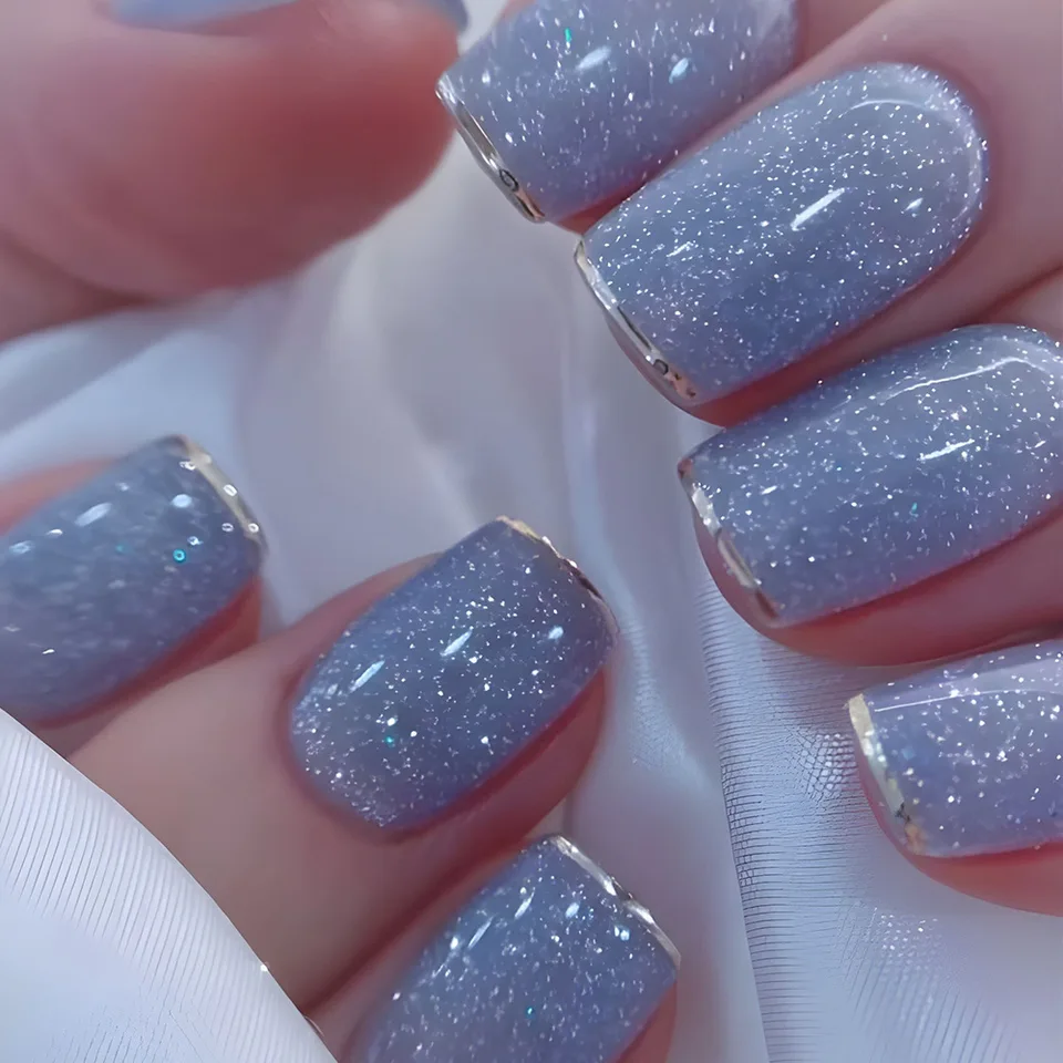 Set de 24 uñas postizas cortas y medianas súper brillantes con purpurina, flores, cielo estrellado, estilo ballet, almendradas cuadradas 6