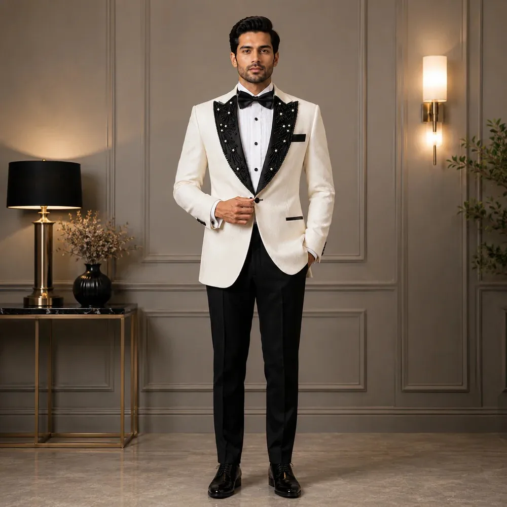 Men's Cream White Jacquard Tuxedo Blazer with Black Pearl Embroidered Shawl Lapel and Single Breasted Custom Made M264774