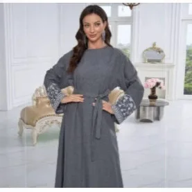 Eid Abaya Abito Donna Jalabiya Abiti Lunghi Musulmani Dubai Abaya Caftano Abiti Robe Ricamo Lace Up Ramadan Modesto Marocco