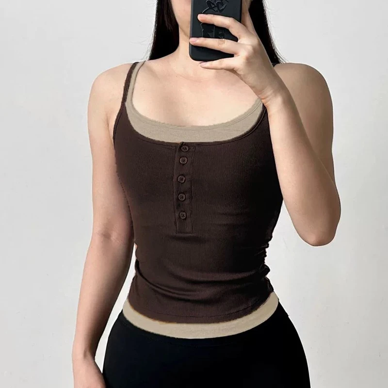 Color-Block Faux Two-Piece Sporty Bralette Ribbed with Built-In Chest Pads Lyocell Vest Backless Outerwear Suitable for Yoga image 4
