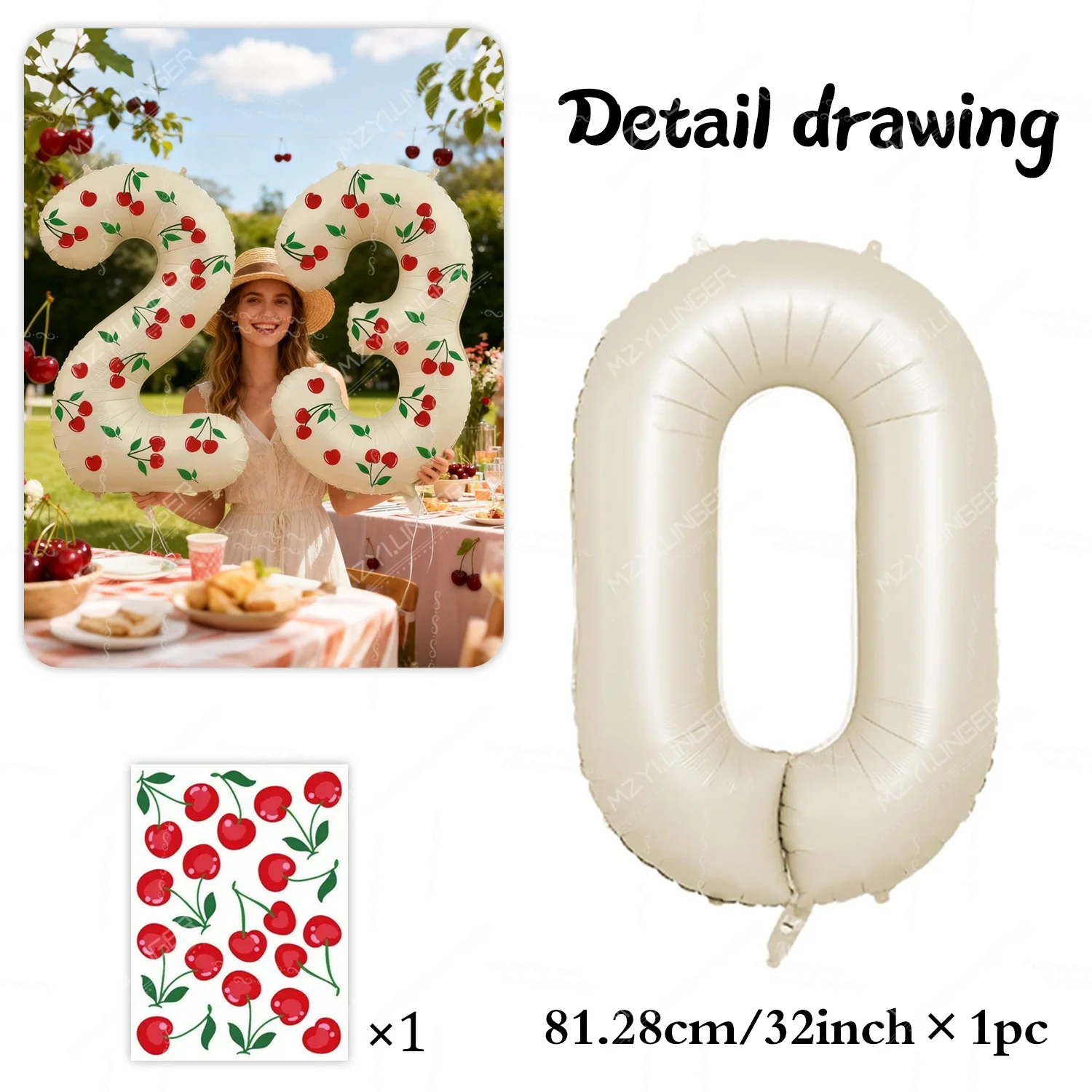 32 Zoll Milchweißer Digitaler Aluminiumfolienballon 0-9 mit Kirsch-Aufkleber für Geburtstagsfeier und Jubiläumsdekoration – Detail 6