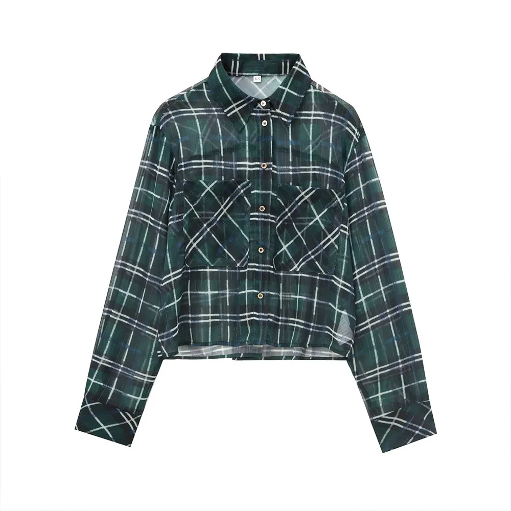 INS Fashion Forest Green Turn Down Collar Single Breasted Long Sleeves Metal Color Line Women Loose Checked Shirt ZATAF 2024 New