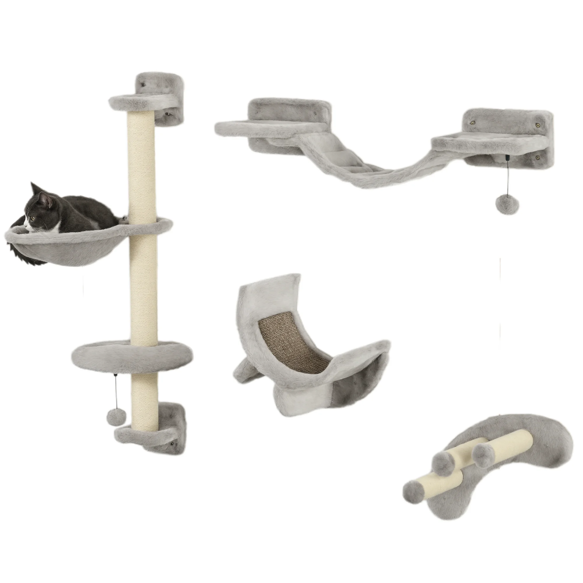 PawHut Ensemble mur d'escalade pour chat, étagère murale pour chat avec hamac, pont, planche à gratter et balle, stable pour d'intérieur jusqu'à 5 kg, gris