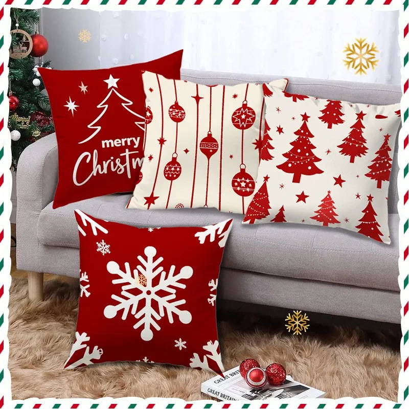 

Christmas Tree Snowflake Print Pillowcase Merry Christmas Decorations Room Decor Flax Pillow Case Room Decoration Pillow Cover
