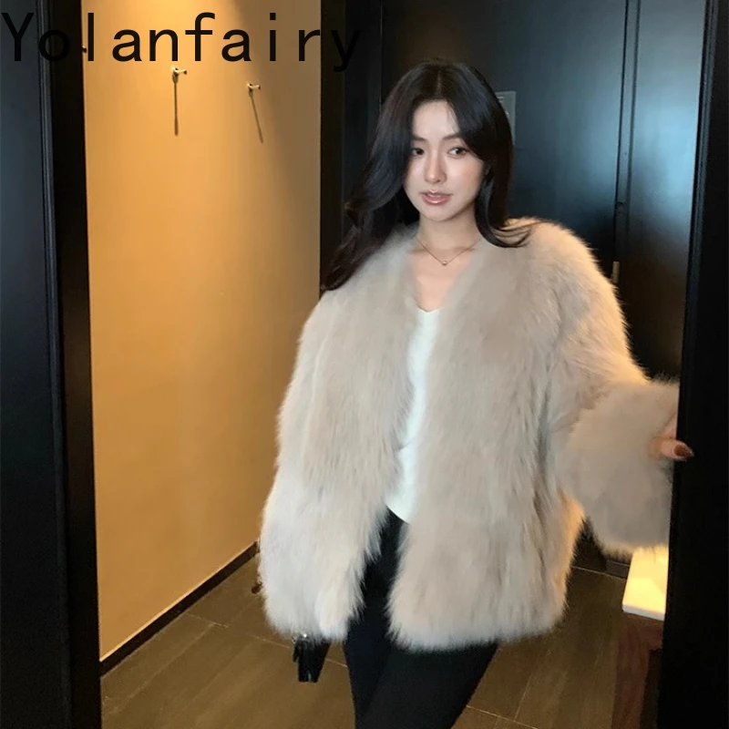 

YOLANFAIRY Осенне-зимняя женская шуба из цельного лисьего меха, короткая блузка с v-образным вырезом и длинными рукавами, кожаное меховое шуба женская 2025