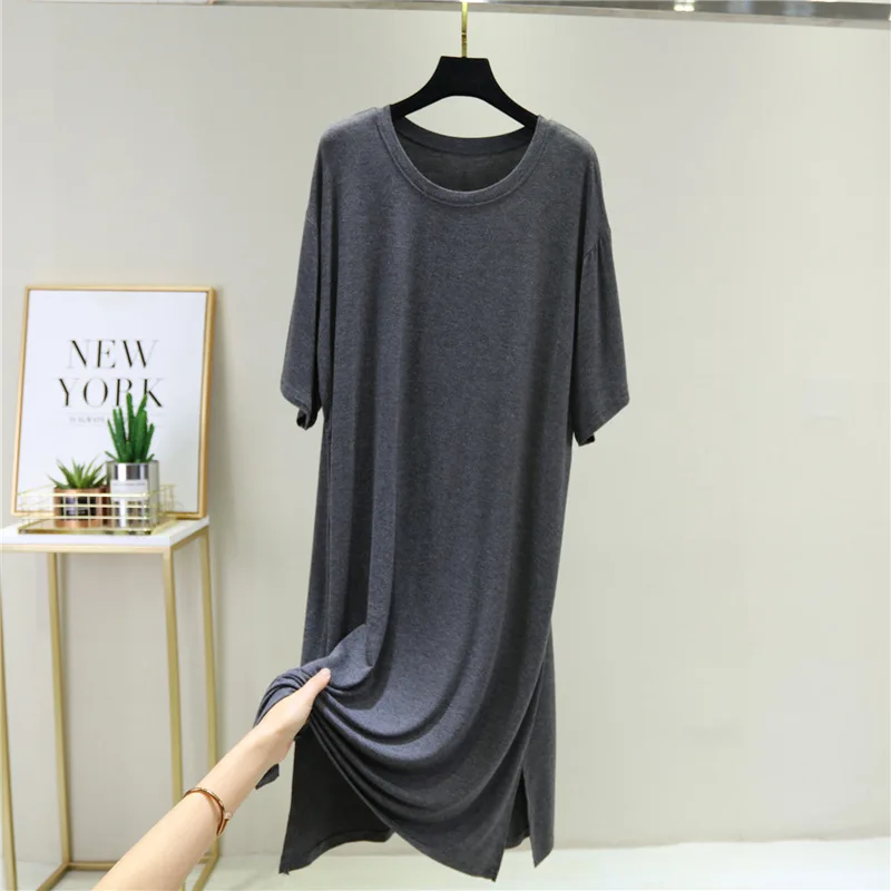 Modal Nightwear Dress Thin Round Neck Nightie Bottoming Skirt Women Split Nightdress Short Sleeve Sleepwear A-line nightgowns