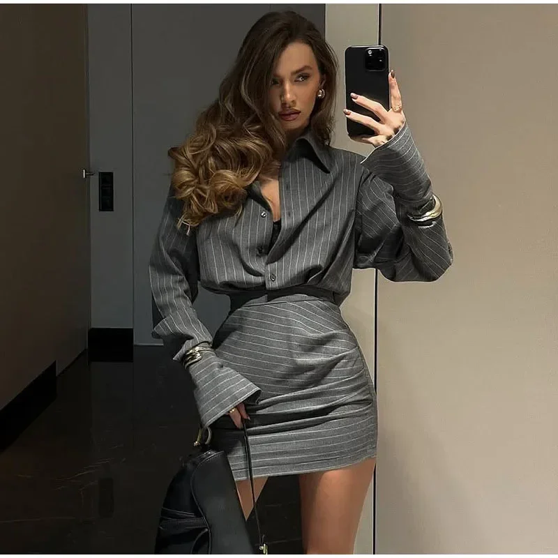 

Elegant Striped Shirt Skirts Set Women's Slim Single Breasted Blouse Hip Package Short Skirt 2025 Spring New Female Chic Outfits