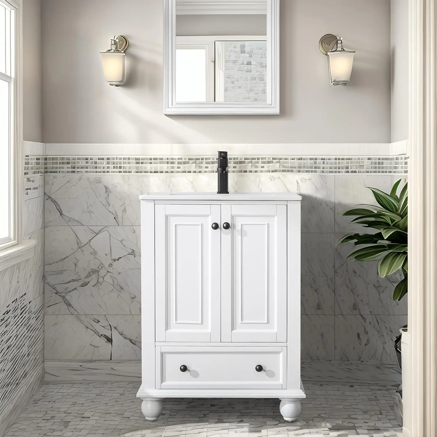 *24 Inch Retro Black White Easy Installation Floor Standing Bathroom Cabinet for Small Spaces