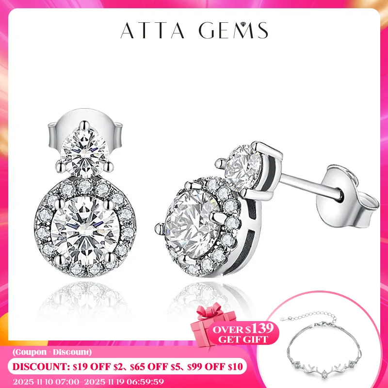 

ATTAGEMS New VVS1 D Color Round Cut Earrings for Women Test Passed Moissanite Diamond 925 Sterling Silver Earrings Fine Jewelry
