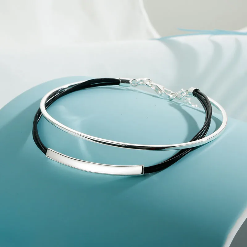 

SA SILVERAGE Real 925 Sterling Silver Leather Bangle Bracelet For Women Fine Jewelry Two Layer Bangles Bracelets 2023 New Design