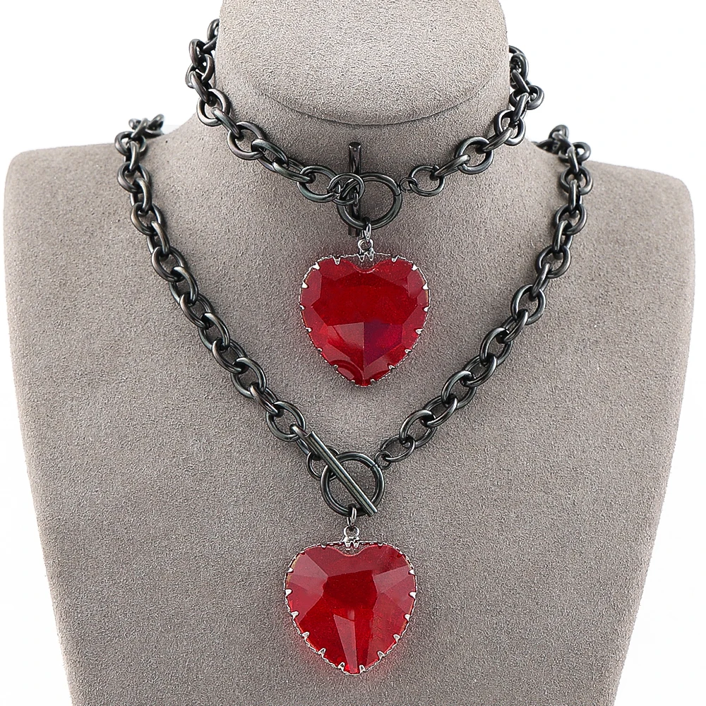 

Goth Punk Black Heart Glass Pendant Necklace Bracelet Choker for Women Stainless Steel Black Color Clavicle Chain Jewelry Sets