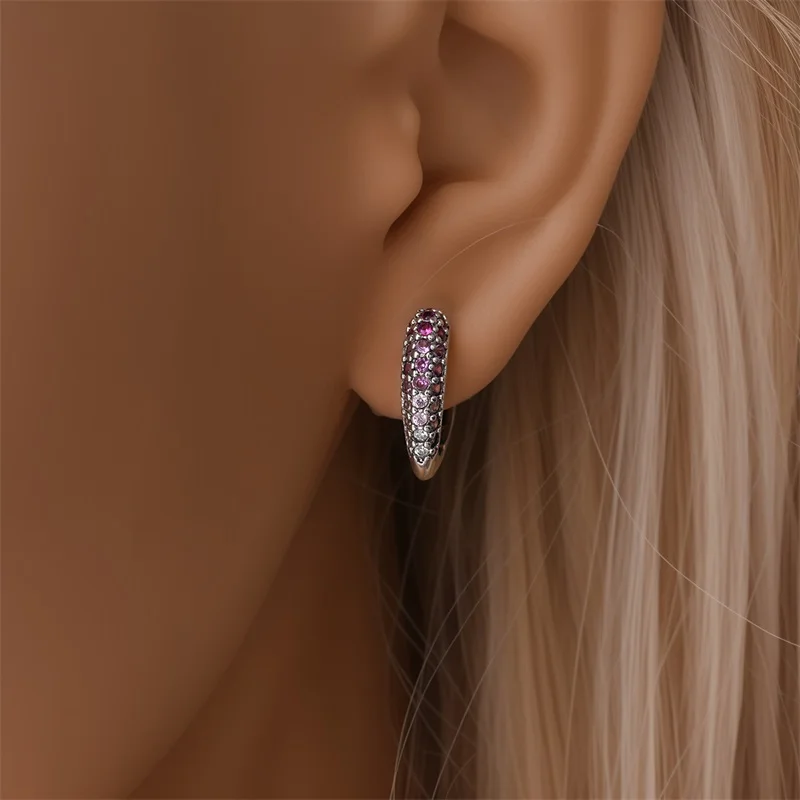 Original 925 Sterling Silver Pink Gradient Heart-Shaped Hoop Earrings Sparkling CZ Zircon Earrings Women Birthday Jewelry Gifts view 2