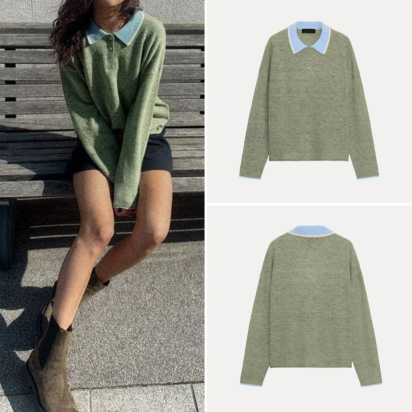 เสื้อถักลำลองผู้หญิง ดีไซน์เรียบง่าย ตัดต่อผ้า แขนยาว คอปกพับ แบรนด์ Z รุ่นใหม่ล่าสุดสำหรับฤดูใบไม้ร่วง ความยาวปกติ