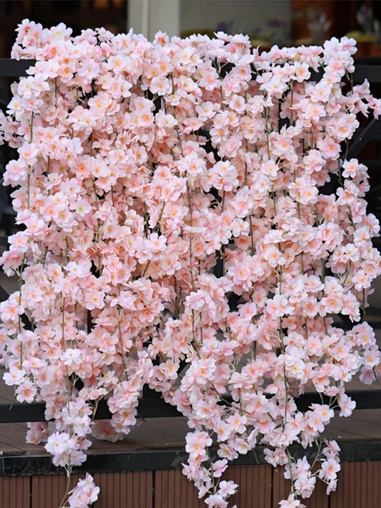 Künstliche Sakura-Blumen, Ranke, zum Aufhängen, gefälschte Blumengirlande, Hausgarten, Hochzeit, Bogen, Party, Kirschblüten-Wanddekoration, Arrangement – Detail 1