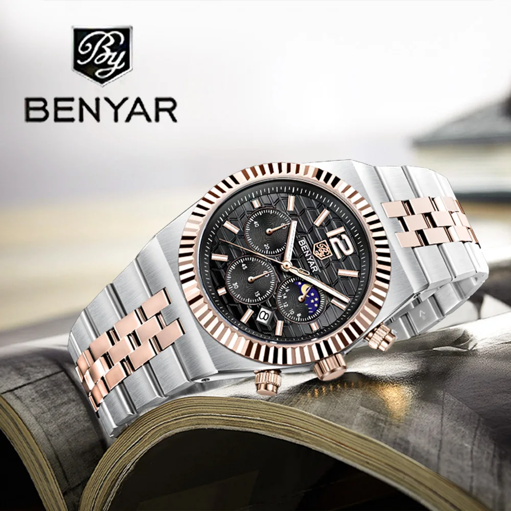 

2026new BENYAR men's watch top business quartz chronograph men's calendar moon phase stainless steel waterproof sports clock men
