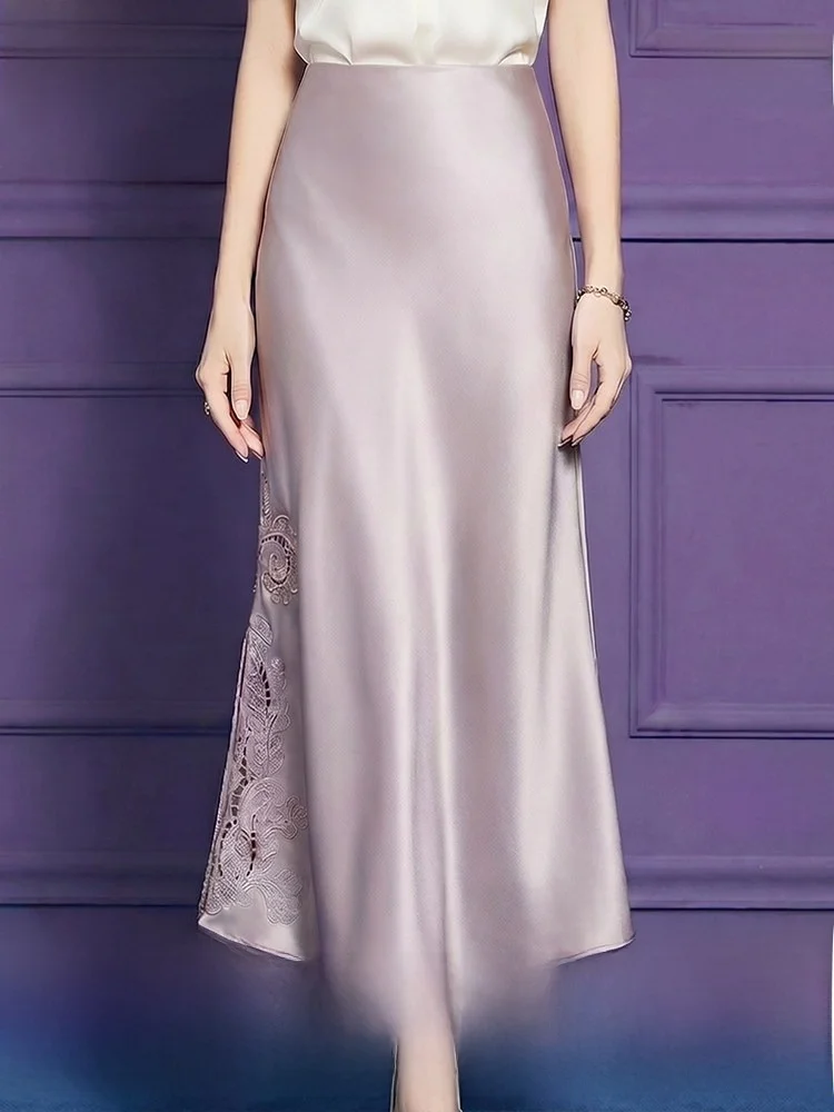 

High Waist Acetate Satin Half Skirt Women's Summer Draping Smooth Luxury Hollow out Embroidery Midi Skirt Fashionable A-Line