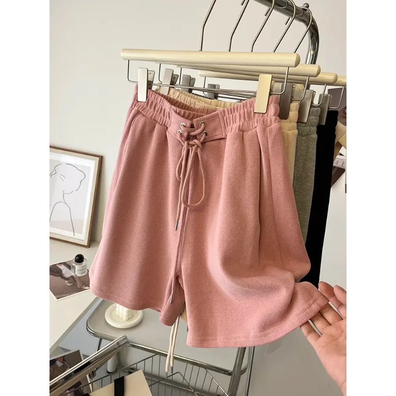 Women's Loose Wide Leg Three-quarter Pants Spring Summer High-waisted Drawstring Straight Sports Shorts