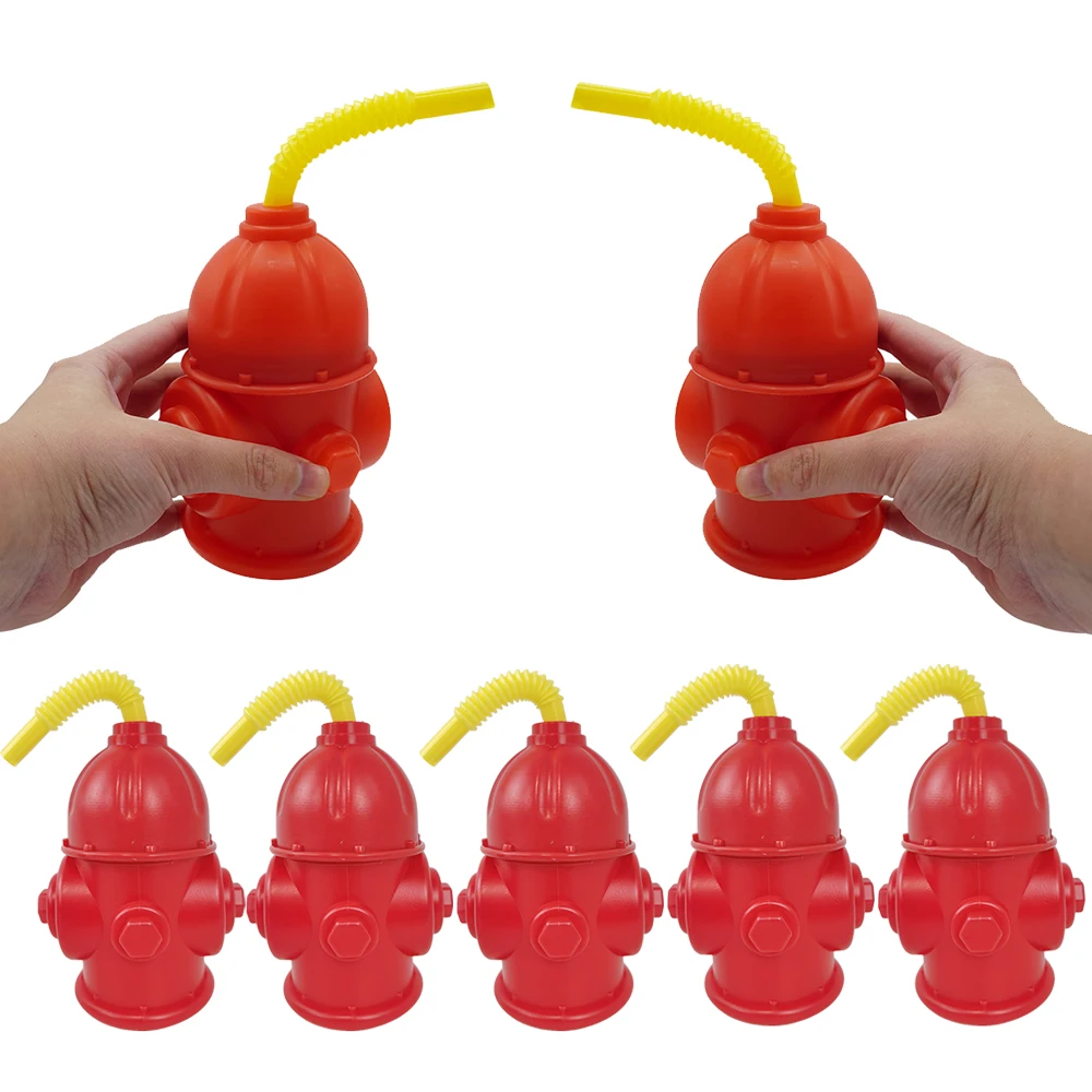 

3/6/10pcs Reusable Red Plastic Water Cups Fire Hydrant Cups with Straws Kids Favor Gifts Firefighter Birthday Party Decor