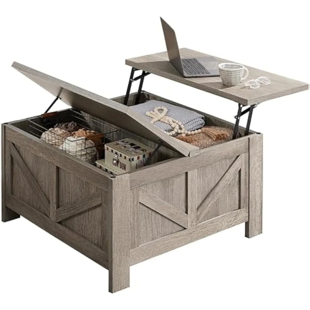 Lift Top Coffee Table, Square Farmhouse Coffee Table with Hidden Storage Compartment, Wood Center Table for Living Room, Gray
