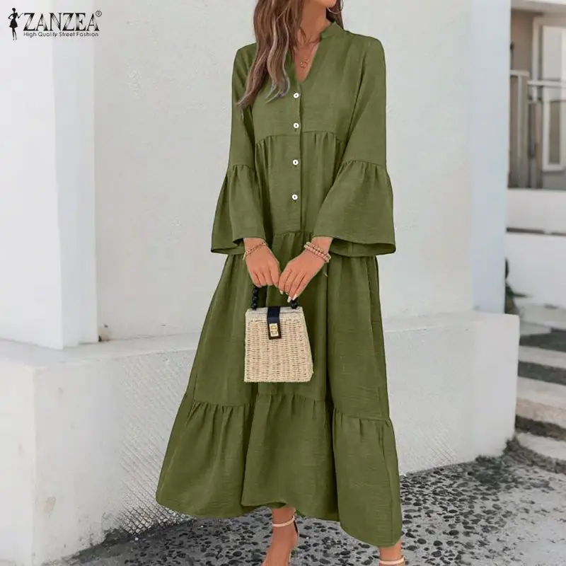 ZANZEA Stilvolle Damenkleider 2026 Frühling A-Linien-Urlaubskleid Elegantes V-Ausschnitt Langarm-Sommerkleid Einfarbiges Plissiertes Midi-Kleid