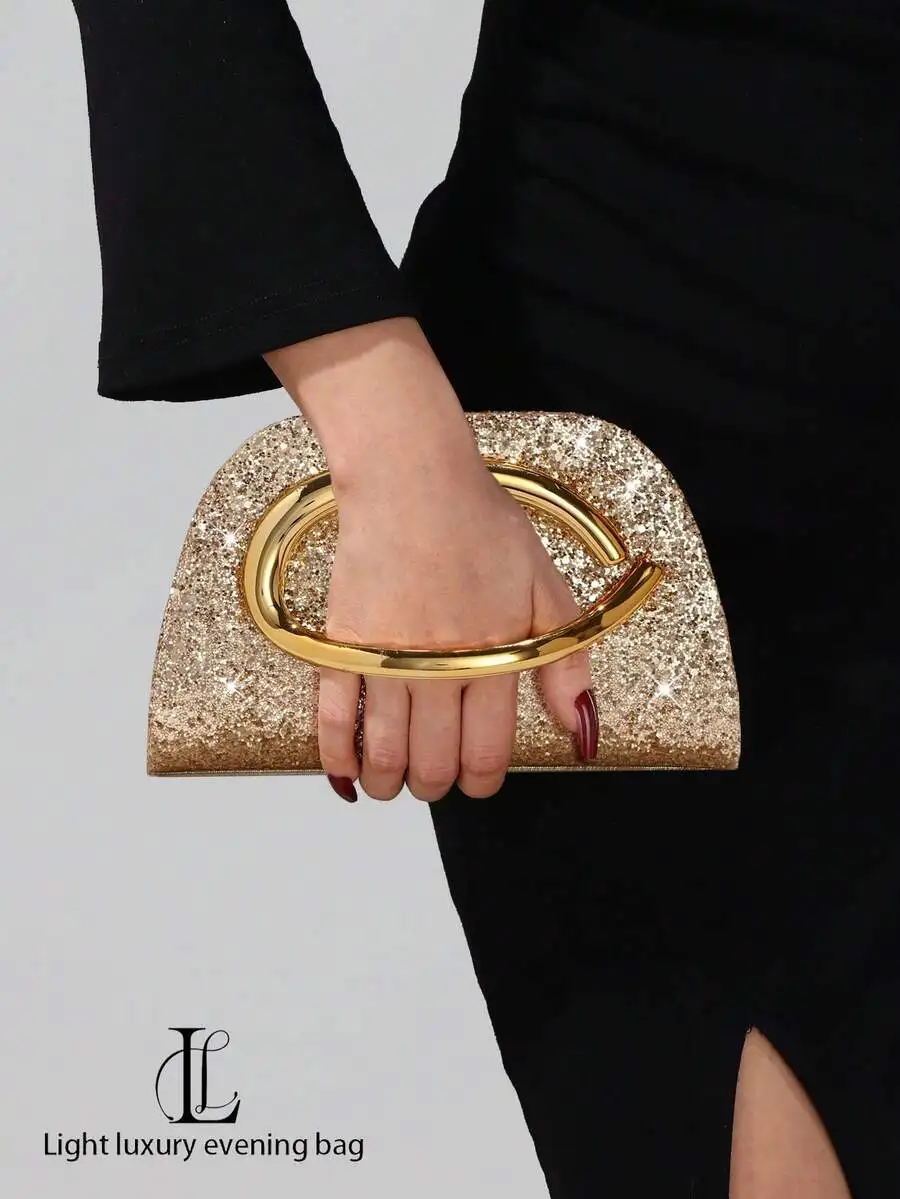 

Vintage Crystal Sequin Box Clutch - Metal Handle Evening Bag with Chain Strap