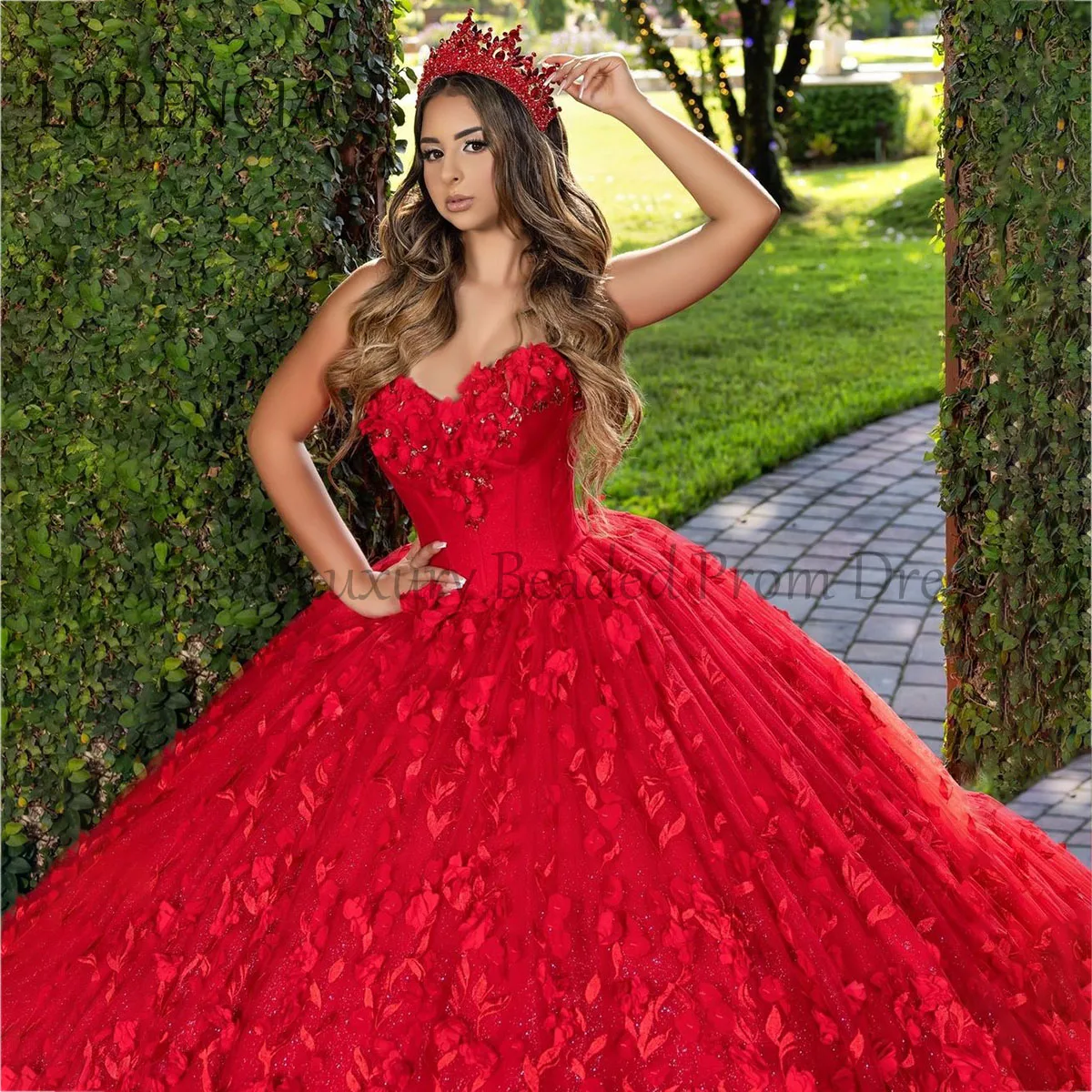 Gaun 2024 Quinceanera merah berkilau applique renda bahu terbuka bunga kristal bahu terbuka Vestidos Formal XV Anos