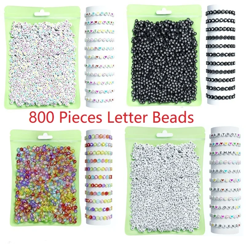 800 قطعة من خرز الحروف للصنع، 28 نمطًا و8 ألوان من خرز الحروف الأبجدية، وخرز وجه ملون وفاخرة على شكل قلب