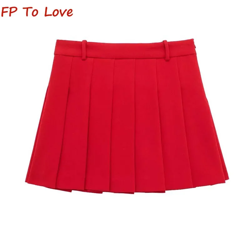 Y2K High Waisted Wide Pleated Skirt PB&ZA Woman Red Pleated A-Line Halter 2135039