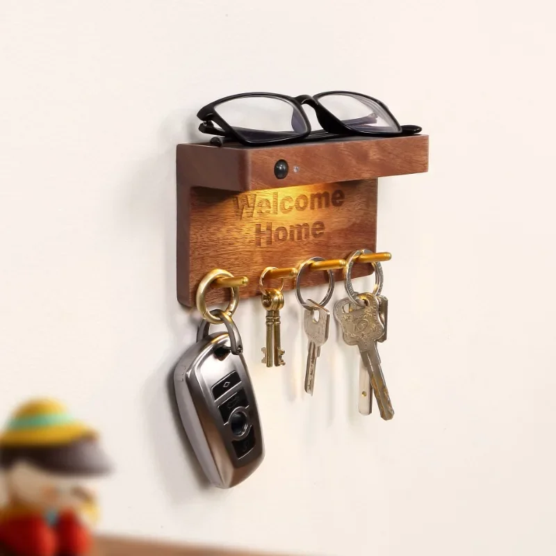 Small Key Holder for Wall Hanging Storage Holder Night Light Home Decor Key and Mail Holder with Human Sensor Lamp Garden Light