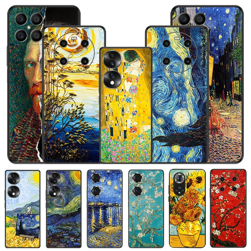 

Black Matte Phone Case For Honor X7 70 Lite 90 50 20 X6 X8 X8A X9A 8X Magic5 4 Pro Van Gogh Oil Starry night Soft Cover