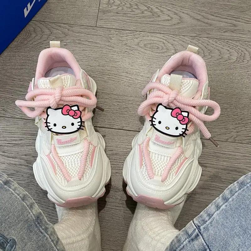 Kawaii Sanrio Hello Kitty Sport Shoes for Women Cartoon Lace Up Running Casual Sneaker Breathable Tennis Flat Trainers Trend