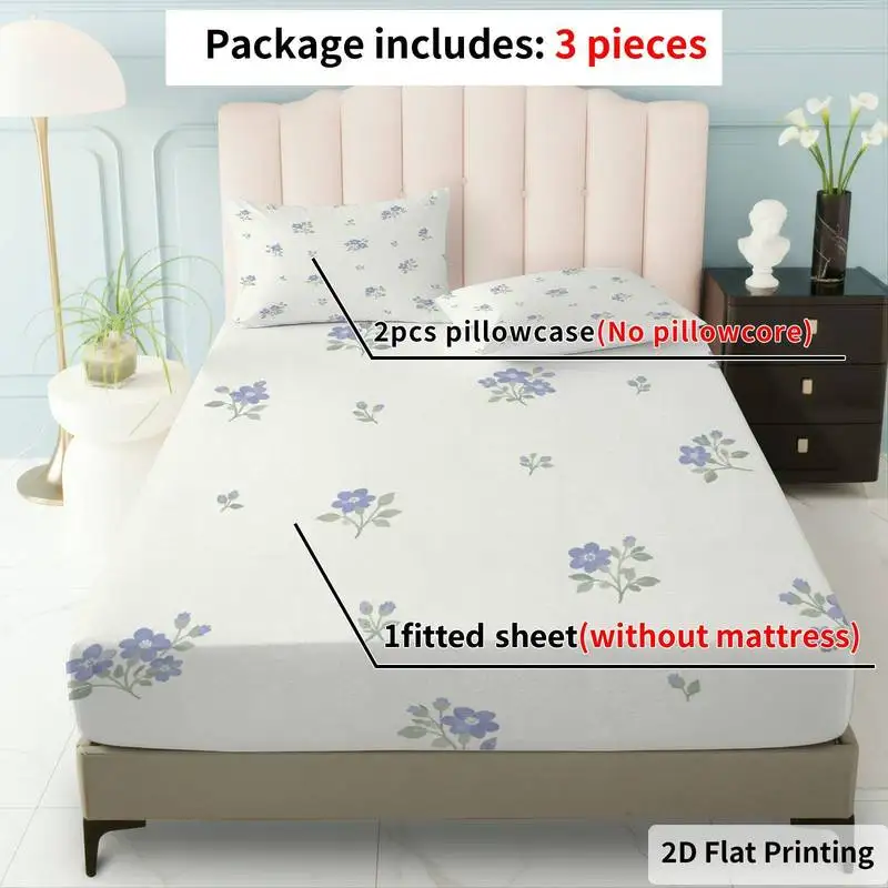 3Pcs Floralpastel Fitted Sheet Three Piece Set (1*Fitted Sheet + 2*Pillowcases, Coreless), Bedding Set