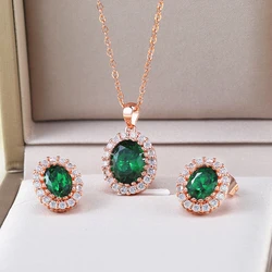5 Colors Bridal Wedding Set For Women Green Crystal Necklace & Earrings Rose Gold Color Cubic Zirconia Fashion Jewelry S106