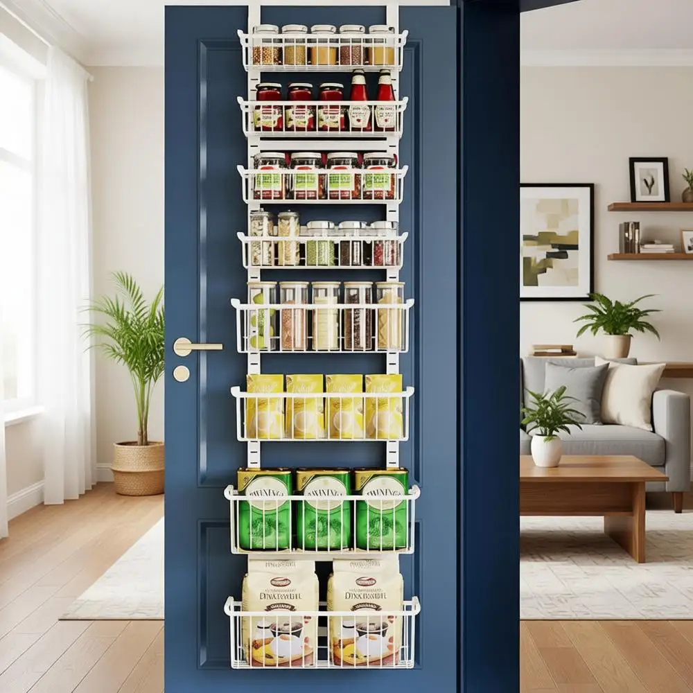 

8-ярусный регулируемый металлический органайзер для дверей с корзинами для хранения на кухне, в прачечной и ванной комнате - белый