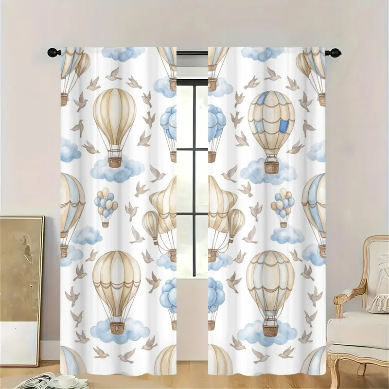 Whimsical Hot Air Balloon and Cloud Sky Print Curtains Decorative Window Panels Lightweight Drapery for Nursery Room Bedroom Cot