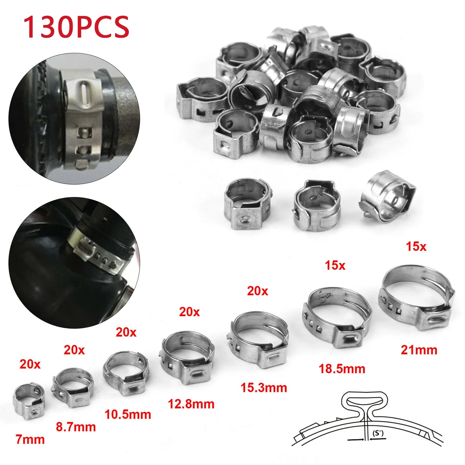 130pcs Single Ear Stepless Hose Clamps +1PC Hose Clip Clamp Pliers 7-21mm 304 Stainless Steel Hose Clamps Cinch Clamp Rings