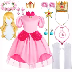2026 Peach Princess Dress Sweet Halloween Carnival Pink dress Come with Crown Cosplay Children girl Fancy Dress For 2-10 Years